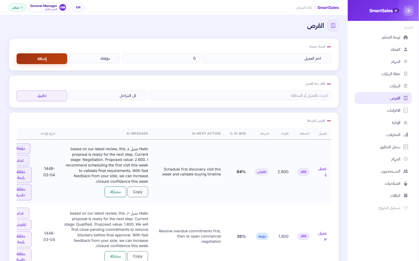 لقطة شاشة من تبويب Opportunities