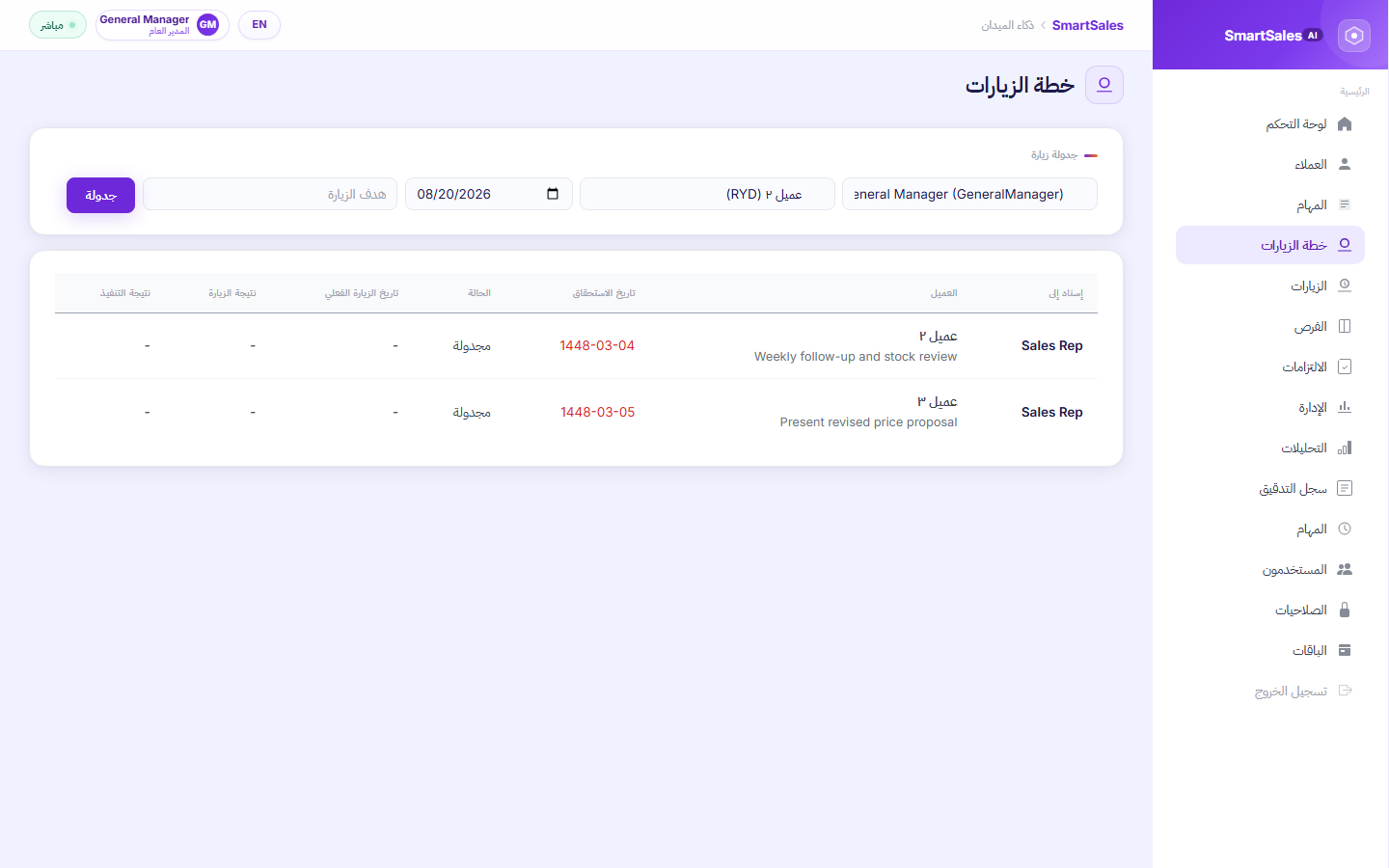 لقطة شاشة من تبويب Visit Plan